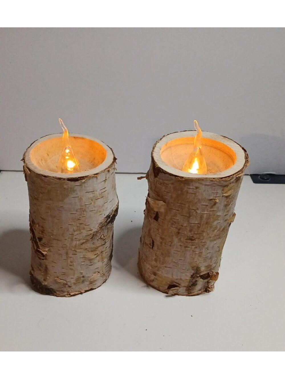 Set of 2 Rustic Birch Log LED Flameless Candles